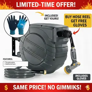 GLAHODEN Retractable Hose Reel 1/2 Inch x 50 ft&Metal bracket ，with 180° Swivel 9-Pattern Nozzle Automatic Rewind Slow Return System （Gardening gloves included）