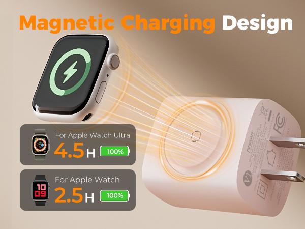 【Colorful Fast Charger】 Tessan 3-in-1 PD20W USB C Charger Block with Built-in Wireless Watch Charging, Dual Ports Wall Charger Compatible with iWatch Ultra/9/8/7/6, iPhone 17/17 Pro/16/16 Pro/15 Series, Electronic Cellphone, Apple Watch Seires