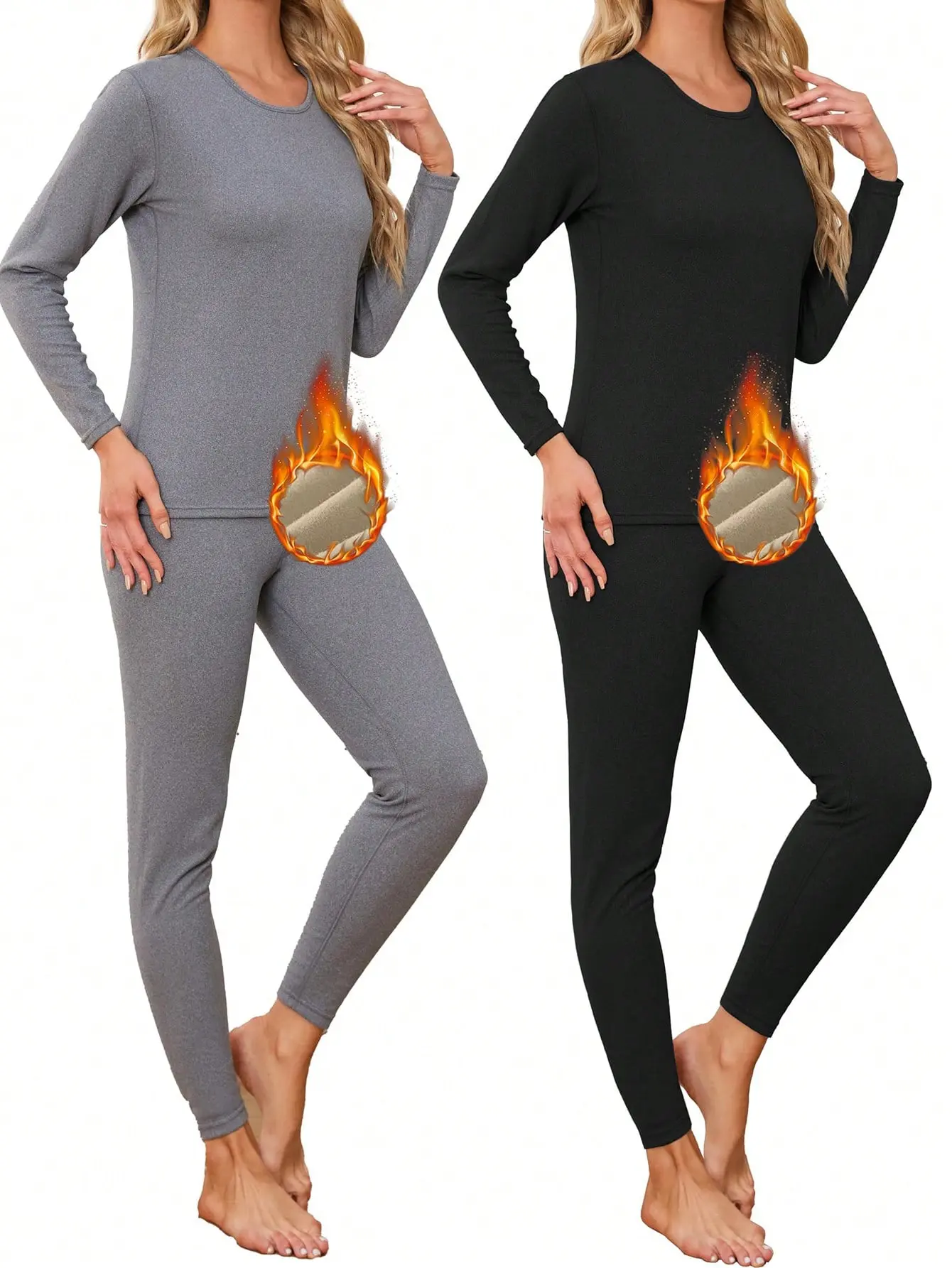 Women's Knitted Thermal Underwear Set - 4 Packs Fleece-Lined Long Johns, No-Basic Cold-Weather Everyday Base Layer Top & Bottom Pajamas for Casual Wear