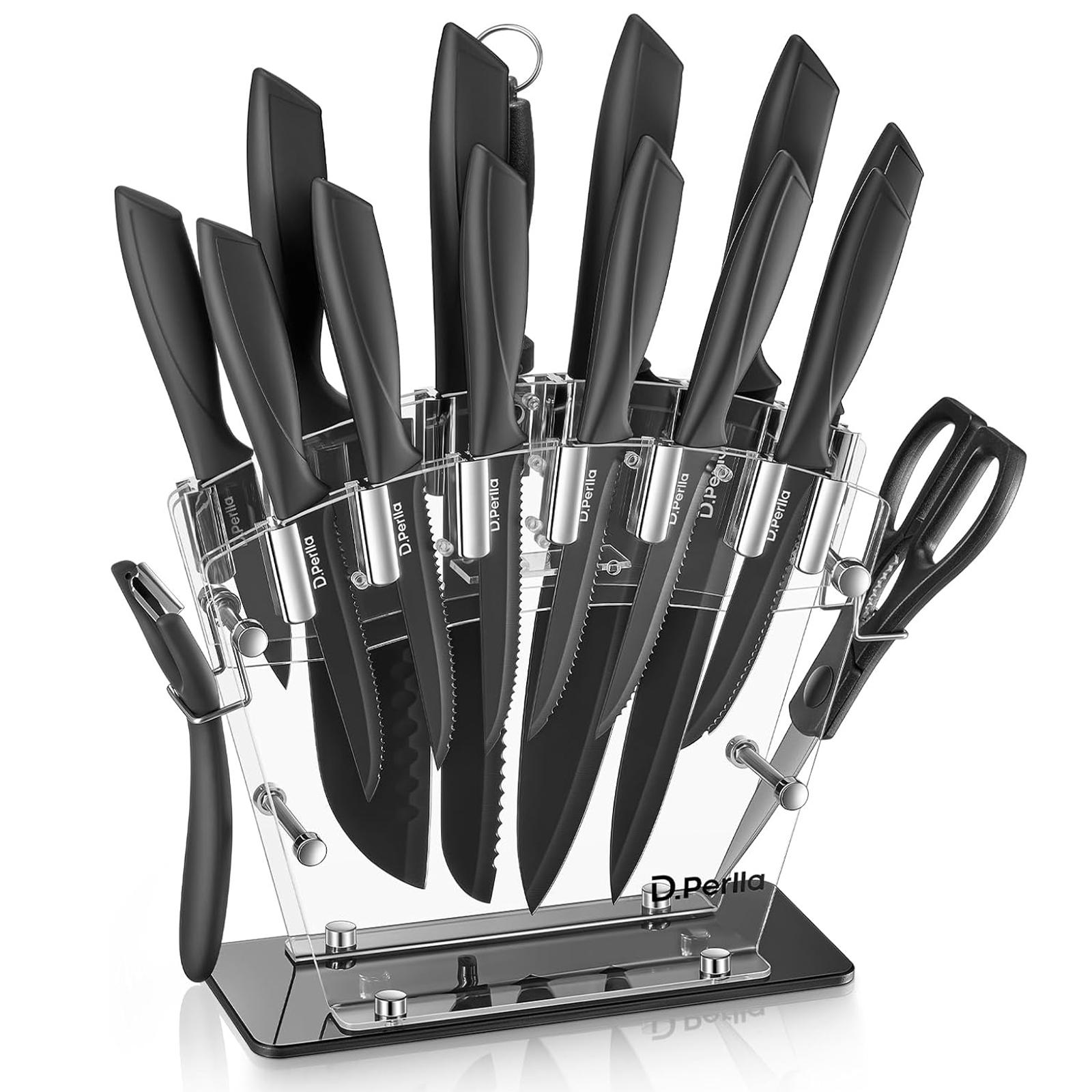 Knife Set, D.Perlla 16 Pieces Black Kitchen Knife Set with Acrylic Stand, High Carbon Stainless Steel, BO Oxidation Knife Block Set, No Rust, Non Slip Handle, Sharp Knife Knife Set, D.Perlla 16 Pieces Black Kitchen Knife Set with Acrylic Stand, High Carbon Stainless Steel, BO Oxidation Knife Block Set, No Rust, Non Slip Handle, Sharp Knife