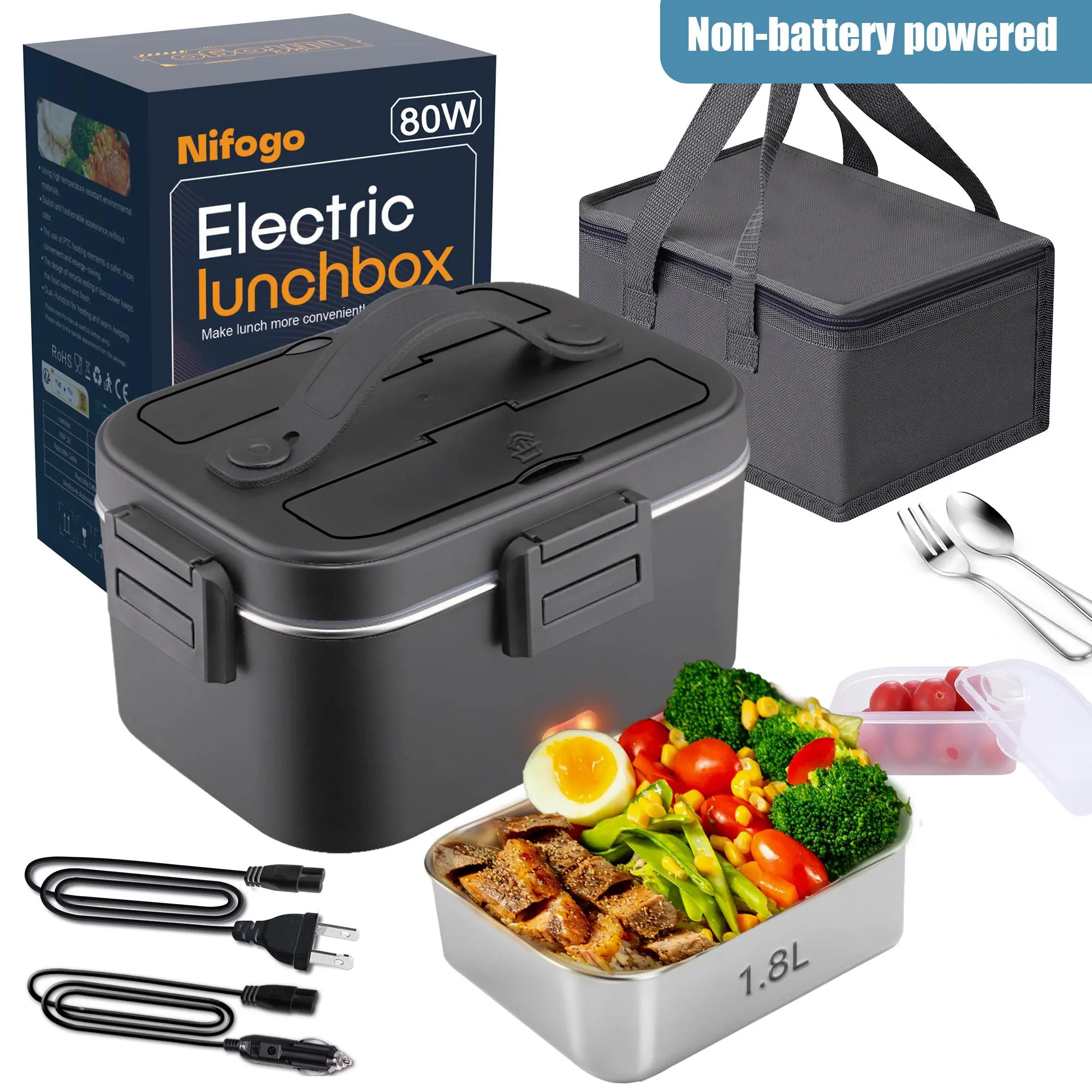 Nifogo Electric Lunch Box, 100W Food Heater 1,8L for Adults Portable Food Heater with Tableware and Lunch Bag, Car & Home Portable Electronic Food Heater for Home Office Travel
