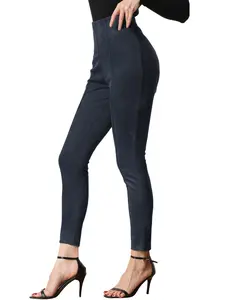 INSPIRE CHIC Faux Suede Leggings High Waisted Stretch Slim Casual Pants Navy Blue