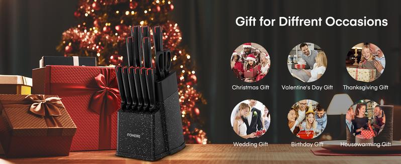 FOHERE Knife Set with Block 13 Pieces Stainless Steel Knife Sets for Kitchen with Built-in Sharpener Sharp Kitchen Knife Block Set with Granite Pattern, Anti-slip Handle Rust Resistant,Black Granite
