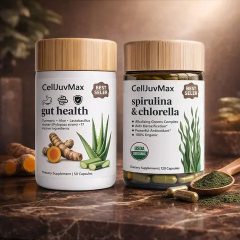 Organic Gut Health Dietary Supplement Stack Capsules for Adults - All Natural Supplement with Probiotic-Prebiotic Blends, Spirulina + Chlorella, Aloe + Turmeric Aid, Antioxidant for Gut Cleanse, Bloating Support