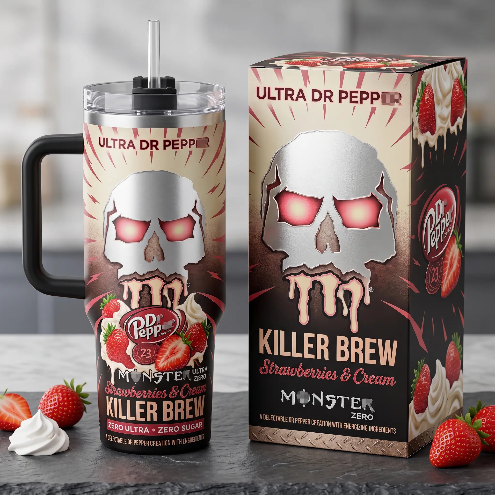 Monster Pepper Strawberries and Cream Tumbler with Handle, 40oz Insulated Stainless Steel Travel Mug Straw, Ultra Zero Killer Brew Energy Drink Skull Claw Car Cup, Limited Collector Edition Gift Idea for Energy Drink Soda Lovers