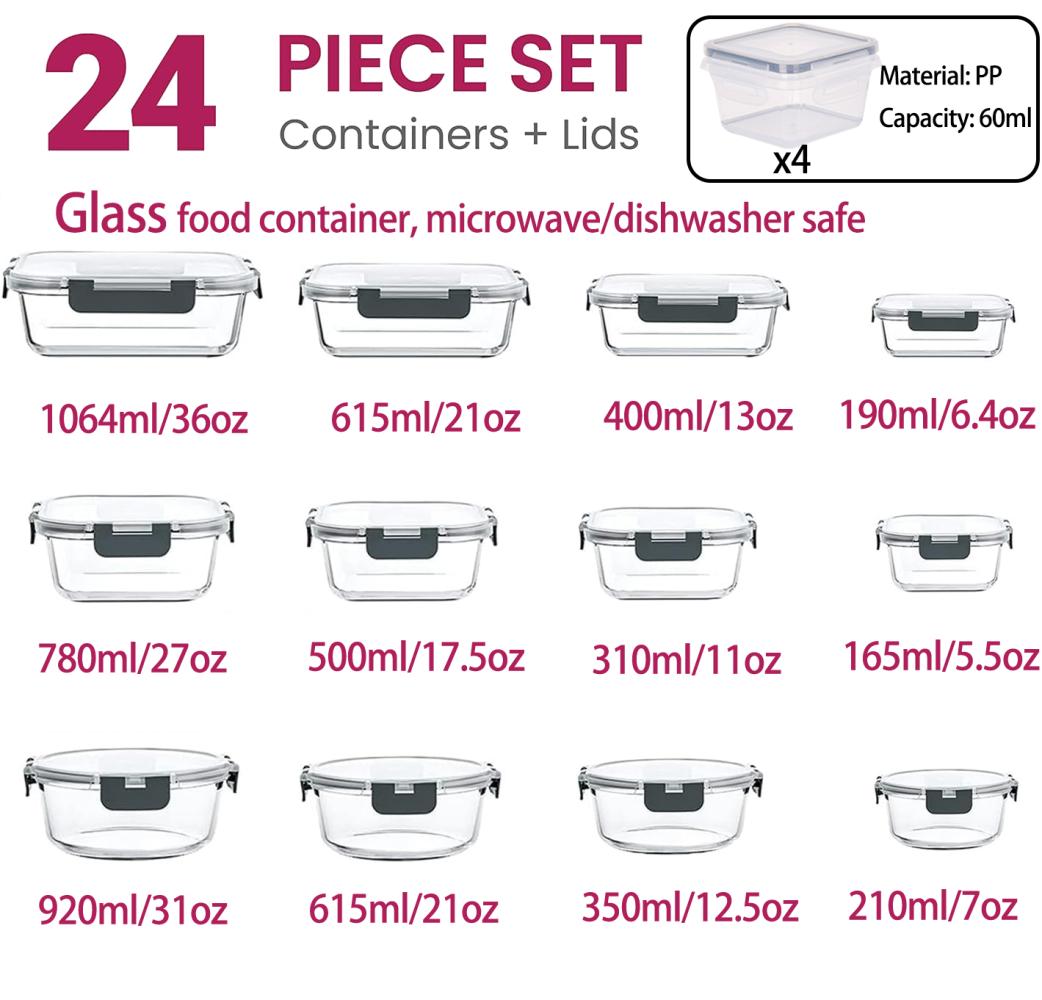12Pack Glass Food Storage Containers - Airtight Lids, Microwave/Dishwasher Safe BPA-Free Kitchen Organizer + Black/Gray Utensils