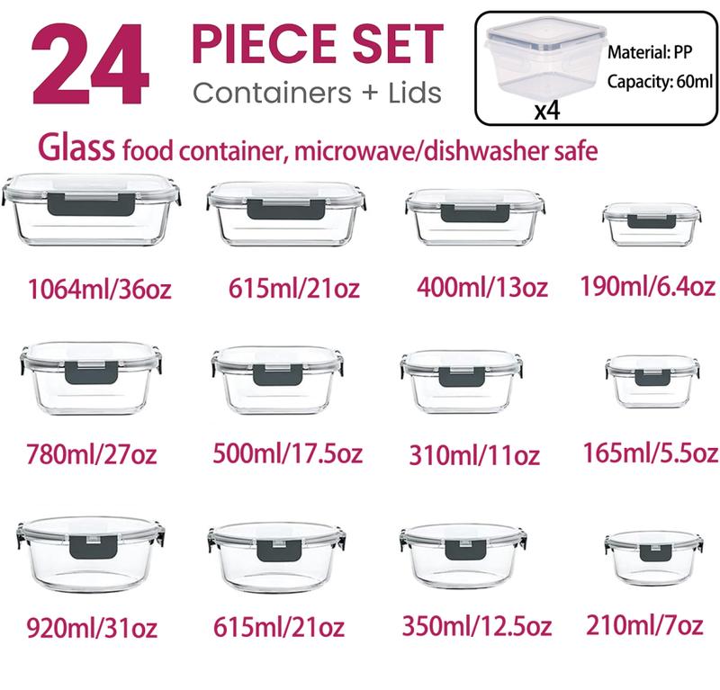 12Pack Glass Food Storage Containers - Airtight Lids, Microwave/Dishwasher Safe BPA-Free Kitchen Organizer + Black/Gray Utensils