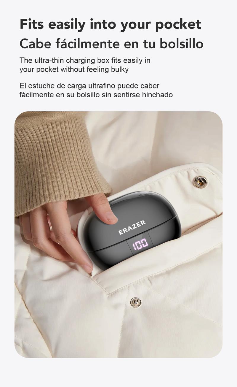 The Erazer XT66Pro OWS wireless Bluetooth earbuds support 135 languages, offer Hi-Fi sound quality, feature a lightweight design, and have a built-in microphone for calls, music playback, and AI chat.