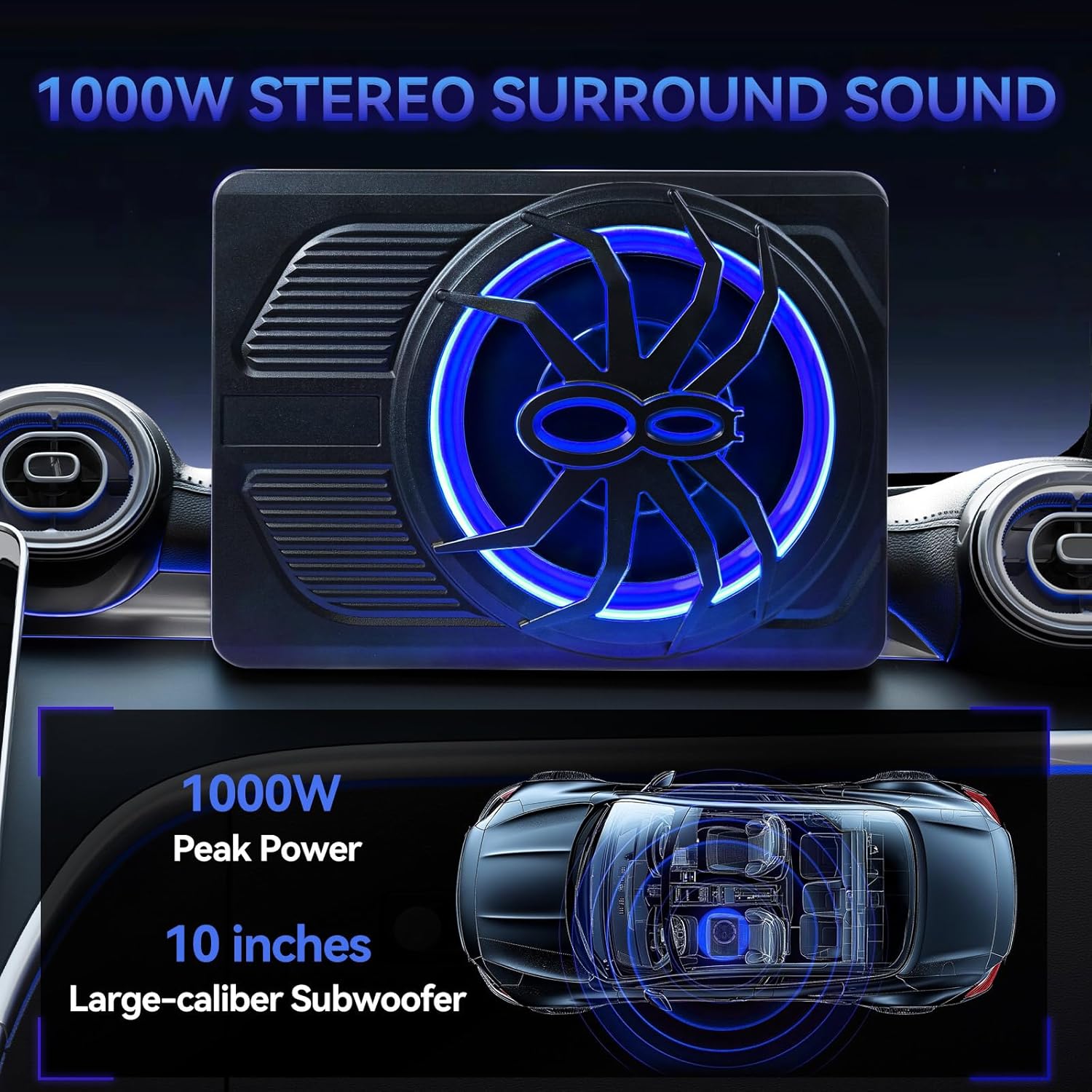 ANDEMAN  Car Subwoofer amplifier, Ultra-thin10" Large-caliber subwoofer with Blue LED Ambient Light, 800W Stereo Surround Sound built-in amplifier, High/Low Level Input for Car/Truck