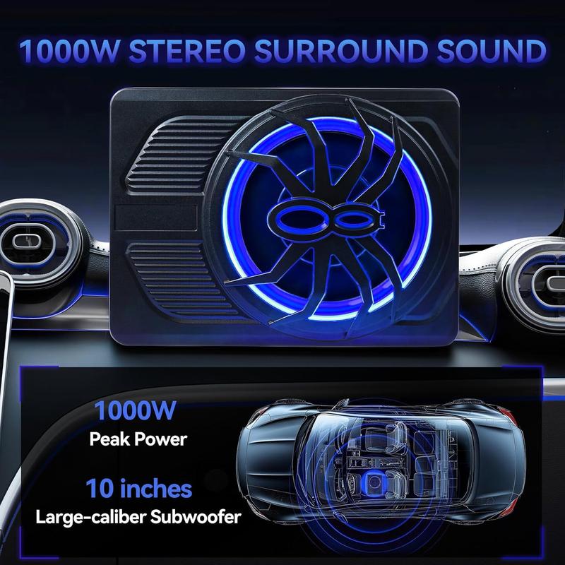 ANDEMAN  Car Subwoofer amplifier, Ultra-thin10" Large-caliber subwoofer with Blue LED Ambient Light, 800W Stereo Surround Sound built-in amplifier, High/Low Level Input for Car/Truck