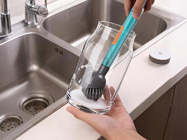 CuLiDing Soap Dispensing Dish Brush Storage Set with 360° Rotating Head, 3 Brush Heads & 2 Scouring Pads, Durable & Eco-friendly, Versatile for Dishes, Sink, Pans, Pots