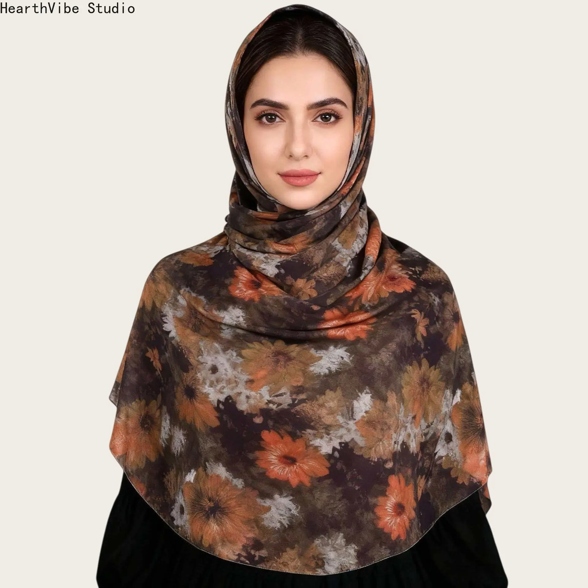Vintage Floral Print Chiffon Hijab - Artistic Retro Flower Pattern Headscarf, Premium Soft Lightweight Muslim Shawl for Autumn, Travel & Daily Modest Look