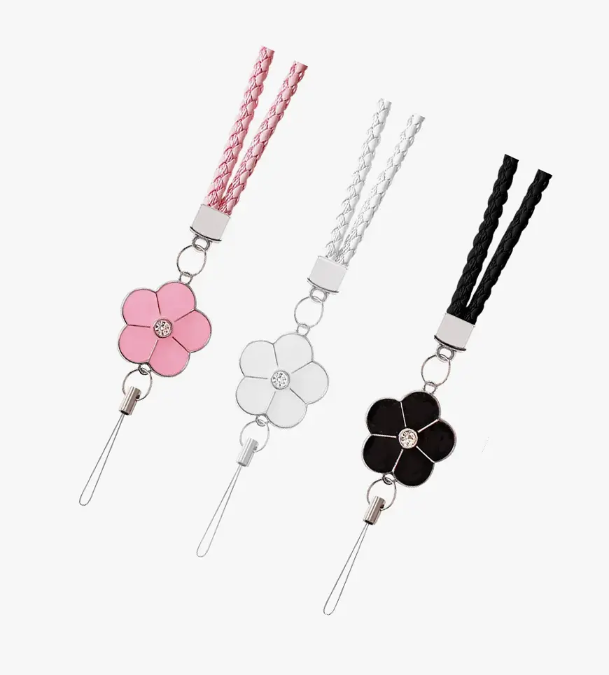 Universal Hand Woven Flower Phone Wrist Lanyard, Cute Adjustable Braided Phone Charm Compatible with All Phones, Stylish Minimalist Accessory for Girls Women Cellphone White