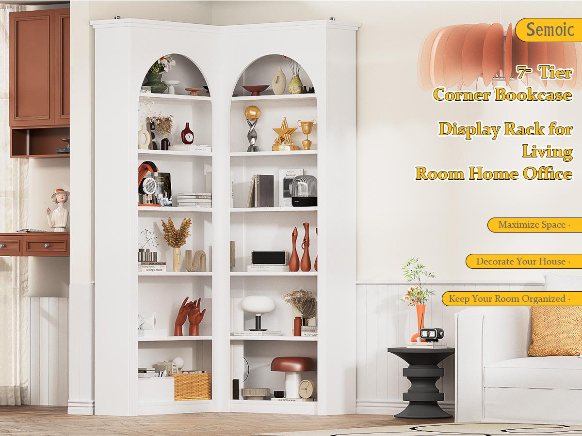 Corner Bookshelf, 71 inch 6 Tier Storage Bookcase, L-Shaped Corner Bookshelf, Living Room/Home Office/Bedroom Display Unit, Arched French Style Corner Bookshelf, 71 inch 6 Tier Storage Bookcase, L-Shaped Corner Bookshelf, Living Room/Home Office/Bedroom Display Unit, Arched French Style