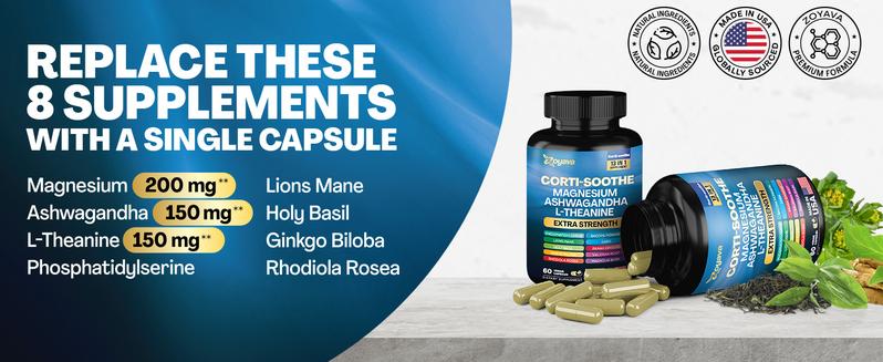 Zoyava Corti-Soothe Supplement, All-in-One Cortisol Supplement with Magnesium, Ashwagandha, L-Theanine & 10+ Extra Strength Ingredients, 60 Capsules, MADE IN USA Zoyava Corti-Soothe Supplement, All-in-One Cortisol Supplement with Magnesium, Ashwagandha, L-Theanine & 10+ Extra Strength Ingredients, 60 Capsules, MADE IN USA