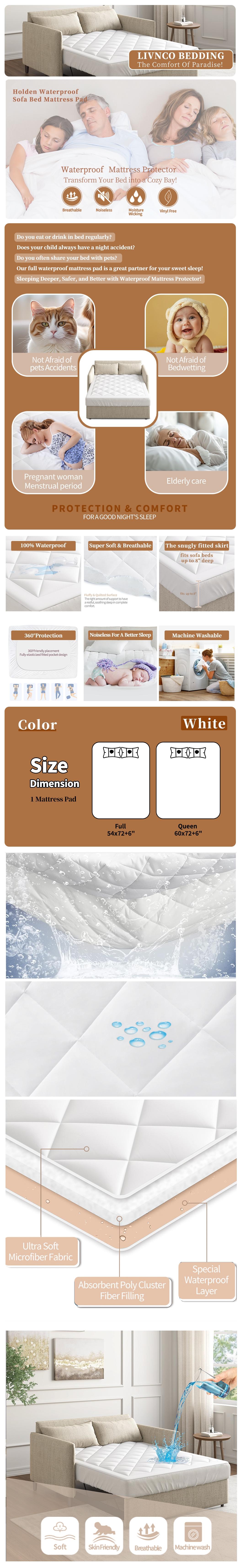 Sleep Philosophy Waterproof Sofa Bed Mattress Protector, Holden Sofa Bed Queen Mattress Pad, 3M Scotchgard, Microfiber Mattress Topper Fitted Elastic Pocket Fits Up to 8 Inch, White