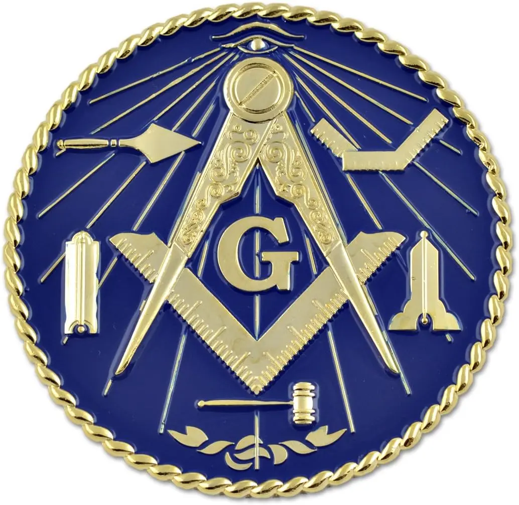 Masonic Auto Emblem, 3 in Round Masons' Decorative Decal with Blue-Gold Working Tools Design, Adhesive Pad Peel & Stick Surface Decoration for Cars, 3'' Diameter, Car, Round Sticker, Plastic Decal, Peel To Reveal Pad, Easy Peel-Off