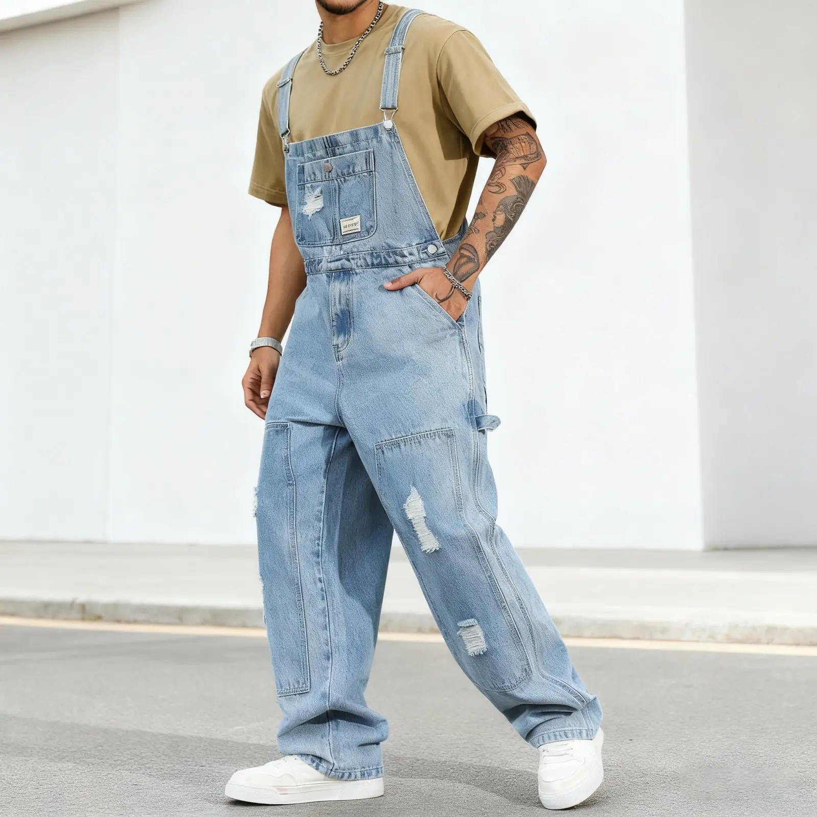 Yuanbang Men's Distressed Casual Versatile Denim Bib Overalls for Street Work Urban Wear Summer Fashion Menswear Y2K Outdoor Coveralls