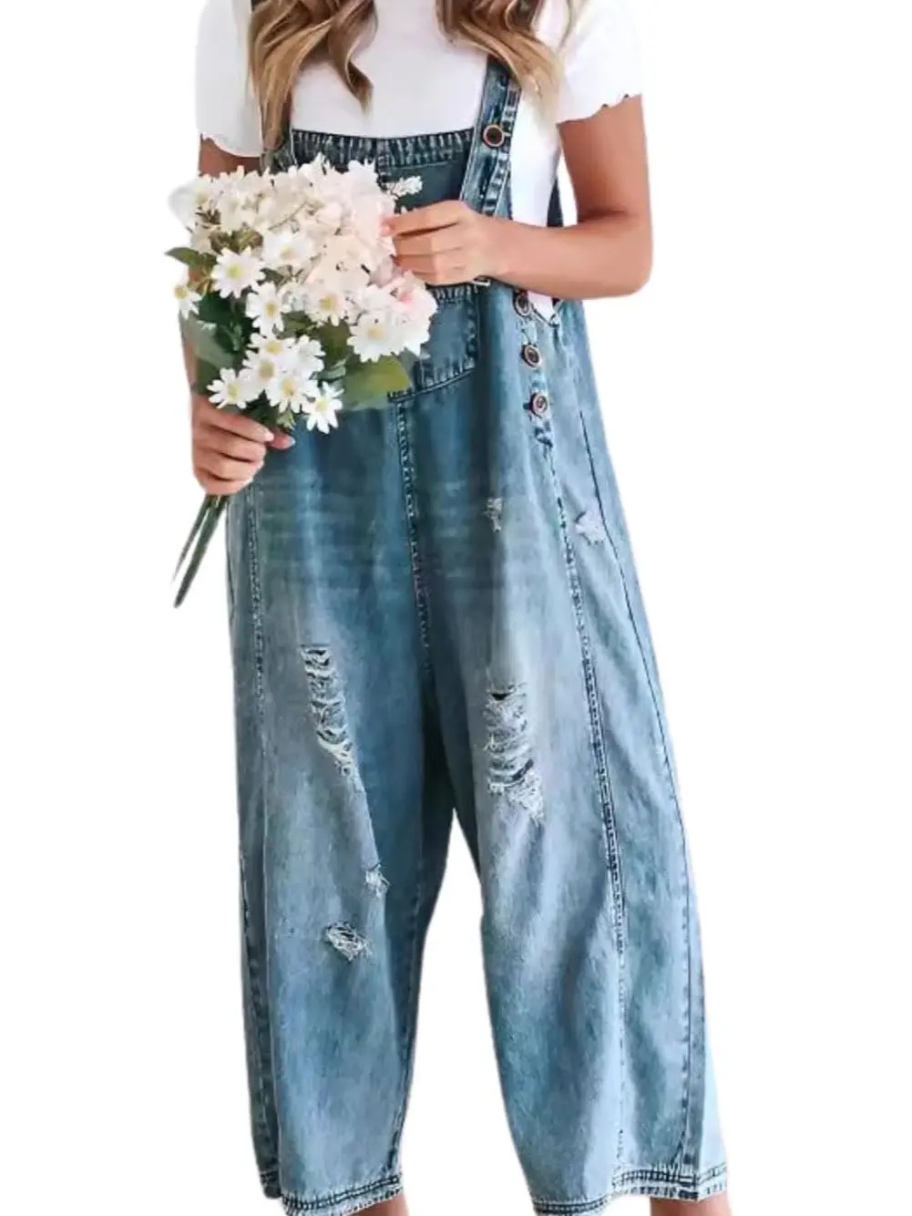 Ebossy Women Minimalist Blue Loose Strappy Adjustable Strap Denim Bib Overall Jeans Distressed Wide Leg Baggy Overalls Jumpsuit Womenswear Basic Coveralls Casual, Jumpsuits For Women, Women's Clothing