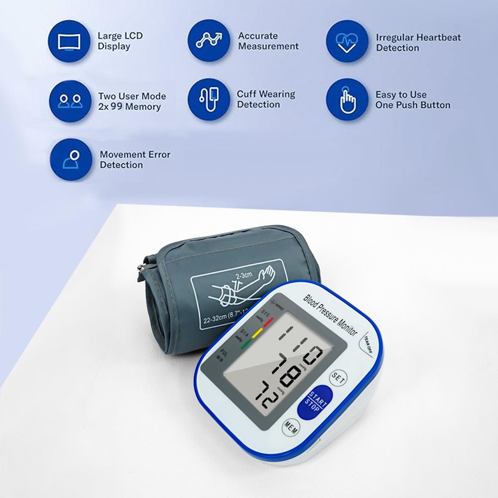 Electronic Blood Pressure Upper Arm MonitorAll-in-One Portable – Large LCD Display, One-Touch Operation 2x99 Reading Memory