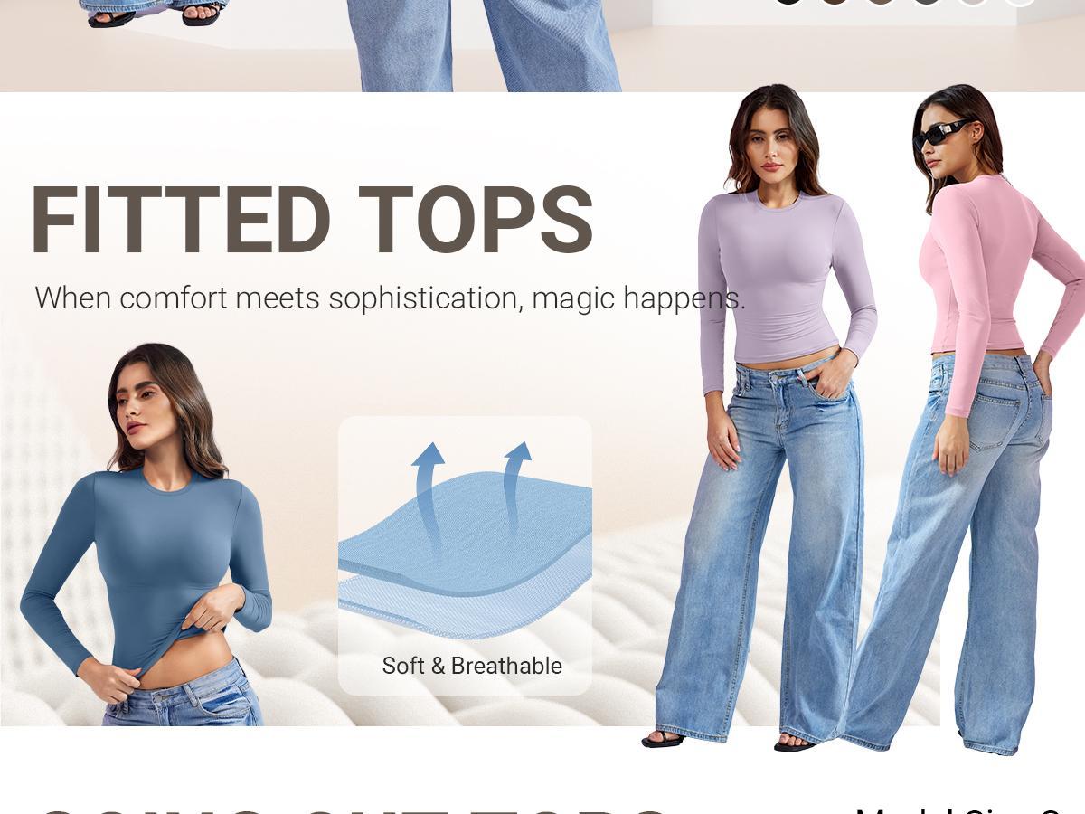 YEOREO Long Sleeve Shirts for Women y2k Tops Double Lined Basic Tee Crew Neck Sweeney Workout Undershirt