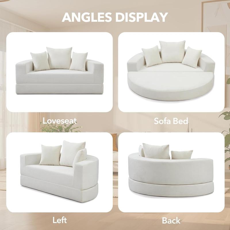 Round Boneless Couch, Corduroy Upholstered Folding Convertible Sofa Bed with Pillows, 2-in-1 Futon Sofa Bed with Half-Circle Design, Comfy Loveseat for Living Room, Apartment (Beige) Round Boneless Couch, Corduroy Upholstered Folding Convertible Sofa Bed with Pillows, 2-in-1 Futon Sofa Bed with Half-Circle Design, Comfy Loveseat for Living Room, Apartment (Beige)