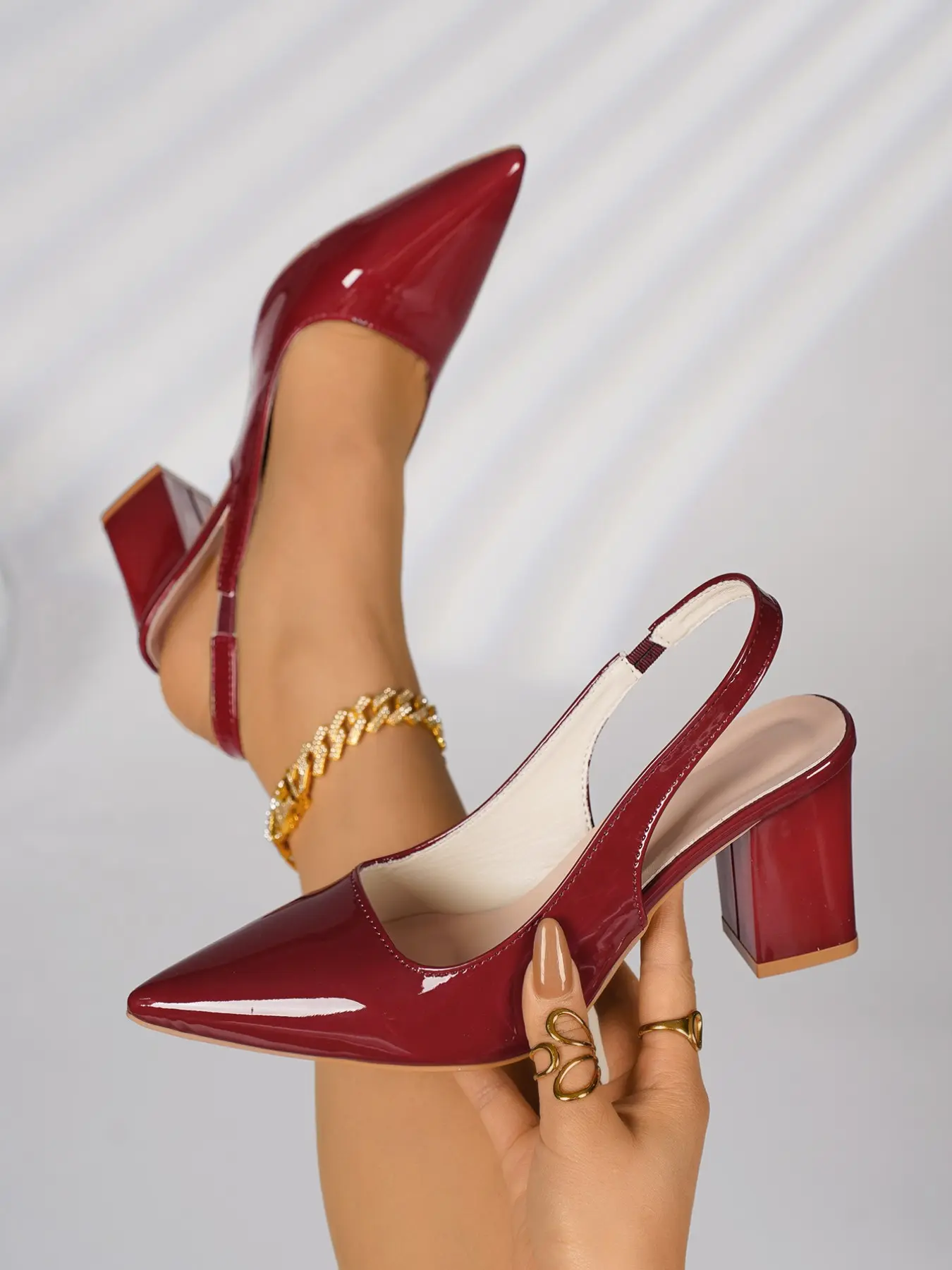 Women's Patent Leather Pointed Toe Slingback Block Heel Pumps, Minimalist Elegant Office-Chic Style, Wedding Work Heels Footwear, Exquisite Heels