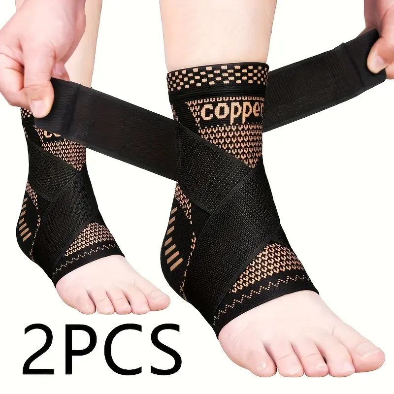 HOXEZU 2PCS Copper Adjustable Compression Ankle Brace Pair - Healthcare Support Sleeve for Achilles Tendonitis, Sprained Ankle