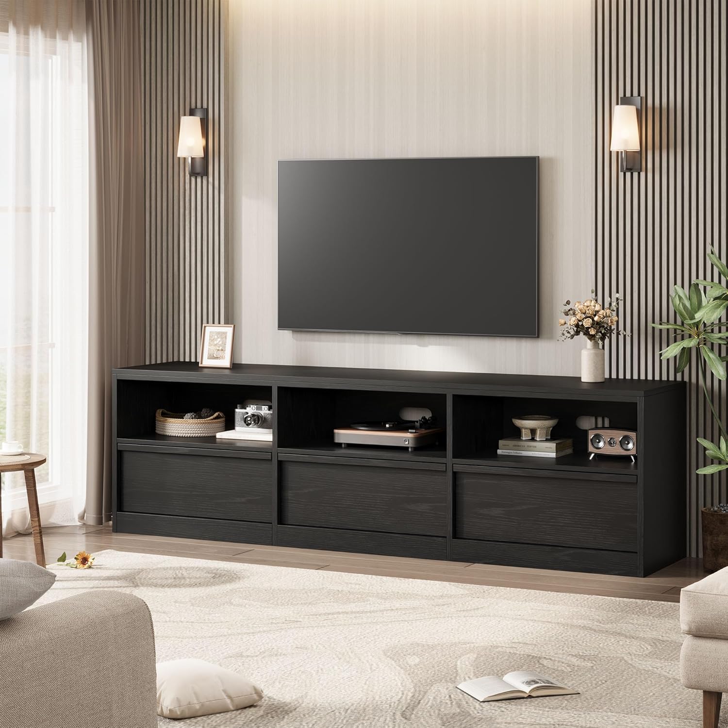 Mid Century Modern TV Stand 70" - Heavy Duty Steel-Framed Entertainment Center with Sliding Barn Doors, Open Shelving & Storage Drawer, Fits TVs Up to 85" Black