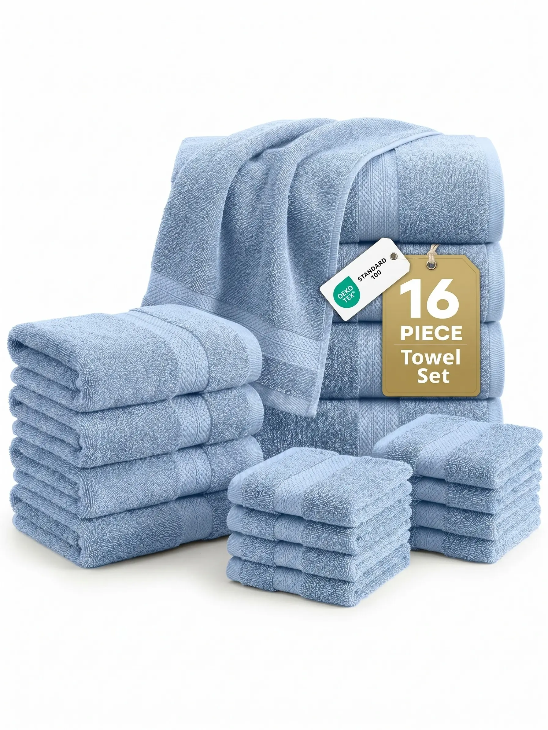 LANE LINEN Unisex 100% Ringspun Cotton Hotel-Style Bathroom Towel Sets - 16-Piece Family Pack (4 Bath, 8 Washcloths, 4 Hand Towels), Soft, Absorbent, Quick-Dry, OEKO-TEX Certified, Durable, Modern, Quick-Dry Towel Sets