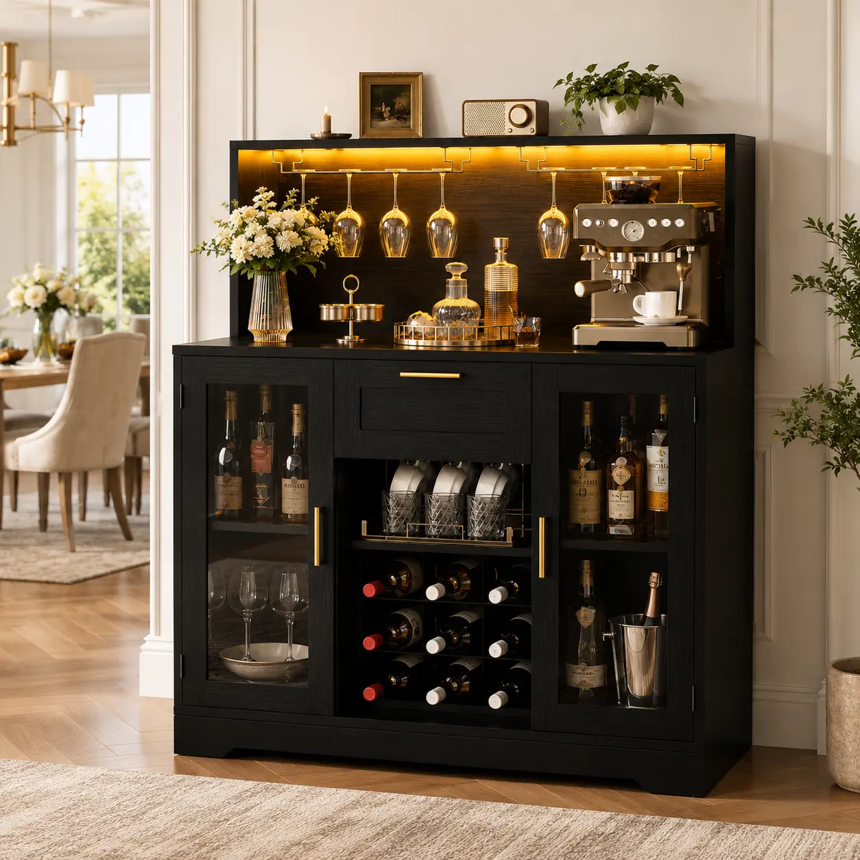 Homieasy Coffee Bar Cabinets with LED Light & Drawer, Wine Bar Cabinet with Wine Rack and Glass Holder, Buffet Sideboard Table with Storage Shelves for Home Kitchen Living room