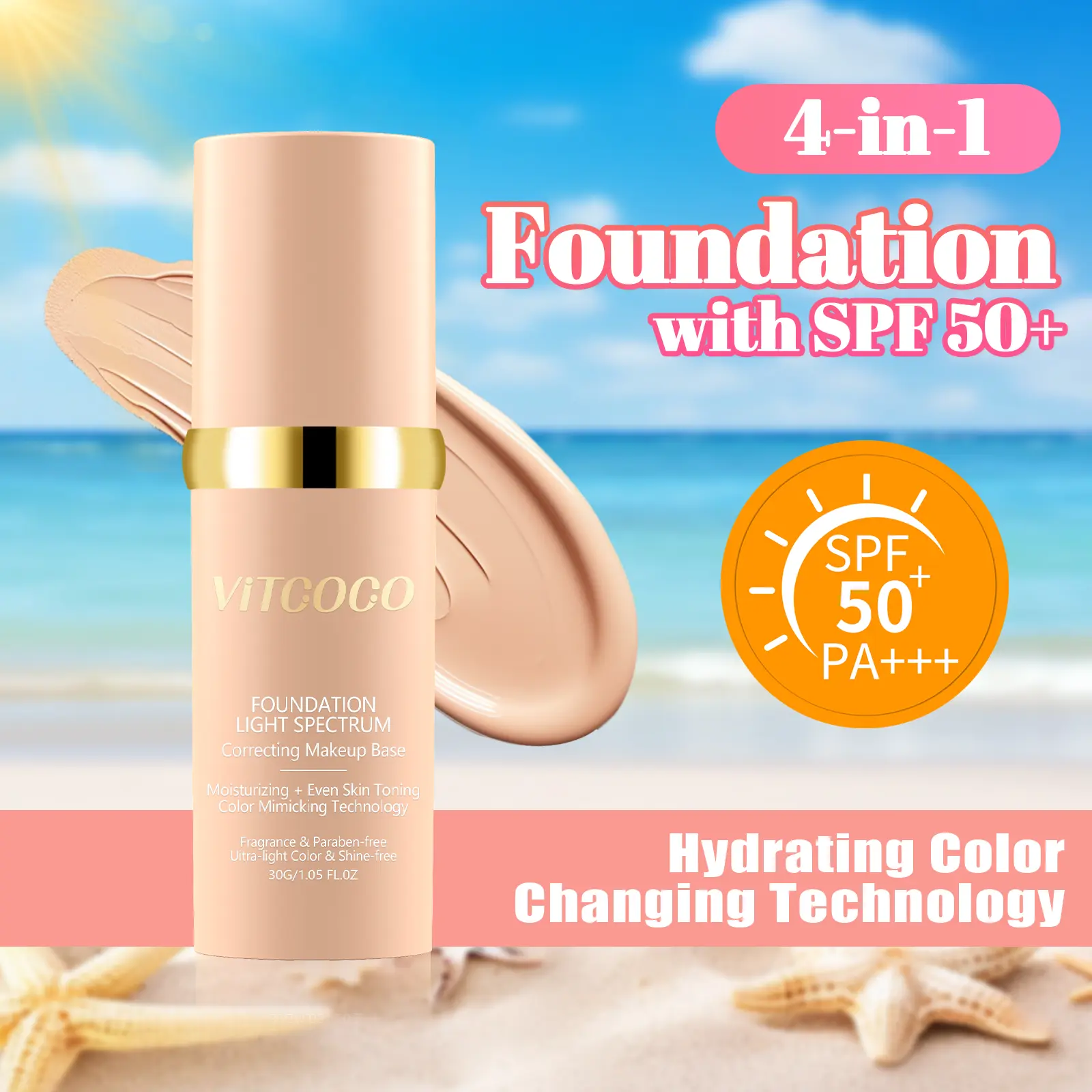 VITCOCO 4-in-1 Cosmetic Hydrating Foundation, SPF50+, 24H Long-Wear, Lightweight Coverage, Oil-Free, Intelligence Coloradapt Technology, Highly Pigmented, Flawless Finish, 30 ml (1.05 oz), 1 Bottle, Moisture, Highly Pigmented Makeup,sunscreen