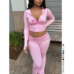 2026 New Fashion TrendsTwo-piece Set Women's Colorblock Letter Print Zip Up Crop Jacket & High Waist Flare Leg Pants Casual Fashion Cozy Breathable Yoga Clothes Set Outfits for Yoga Gym Workout Ladies Sportswear for Fall
