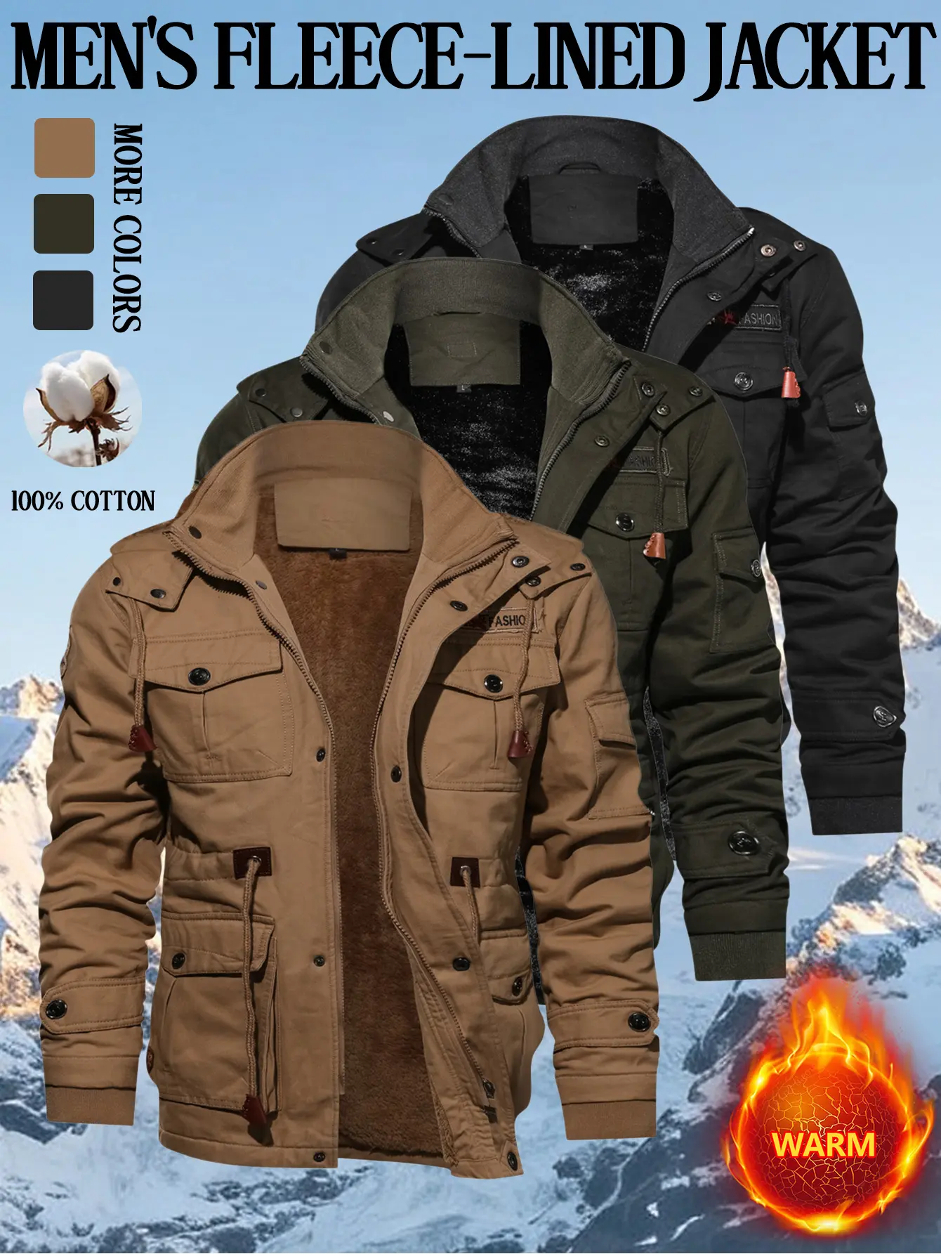 Men's Thick Pure Cotton Fleece Regular Coat - Long Sleeve Hooded Dual Zip/Snap Garment, Multi-Pocket Winter Windproof Warm Outdoor Workwear Casual Outerwear