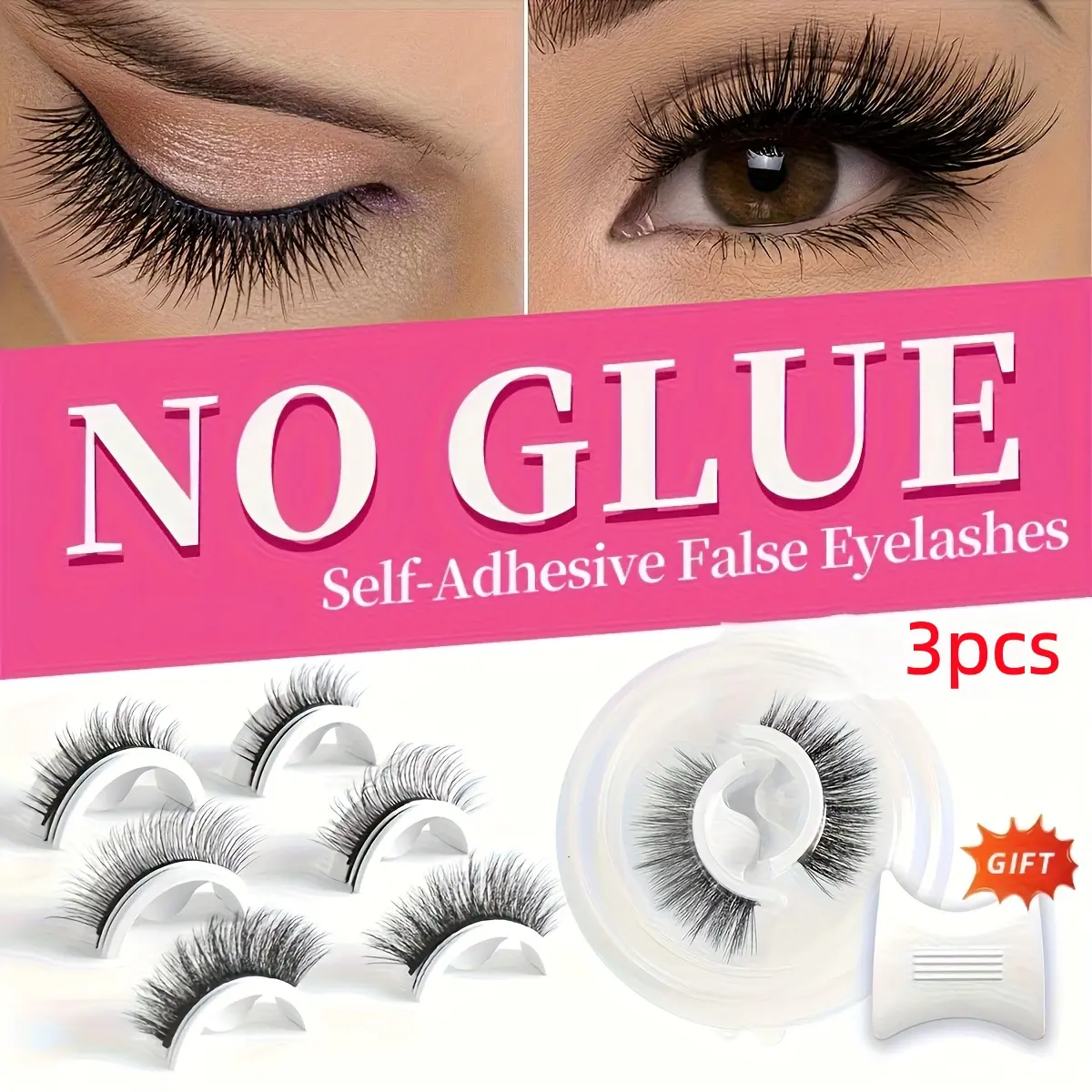3 Pairs Of Strong Adhesive False Eyelashes, No Glue, 3D Natural Thickening, Natural Cross Style Fairy Hair, Natural Lengthening Style, Easy To Wear And Reusable False Eyelashes