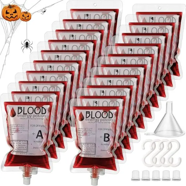 Halloween Blood Bags for Drinks 20 Pack, Reusable IV Drink Pouches 250ml, Vampire Drink Bags, Halloween Party Supplies, Bar Decorations