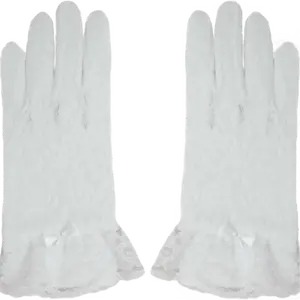 Kids White Floral Lace Wrist Gloves - Elegant Costume Gloves with with Bow Accent & Ruffle Trim - Girls Dress-Up Accessory for Theme Party & Costume Party