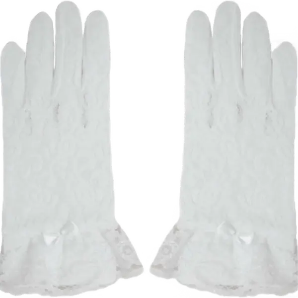 Kids White Floral Lace Wrist Gloves - Elegant Costume Gloves with with Bow Accent & Ruffle Trim - Girls Dress-Up Accessory for Theme Party & Costume Party