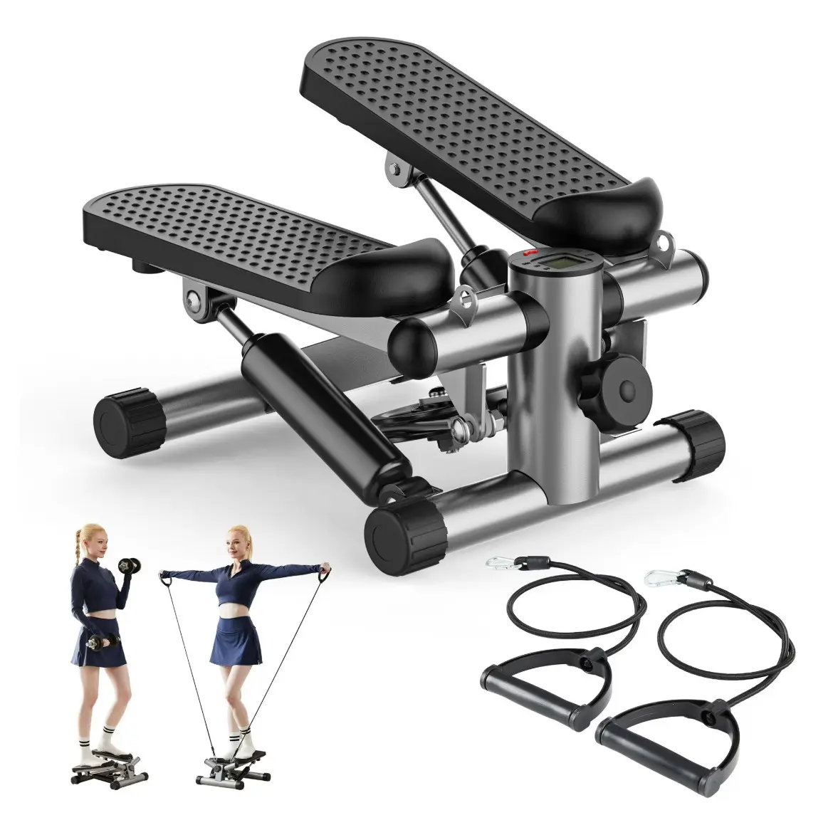 Portable Twist Stepper with Resistance Bands – Adjustable Home Fitness Stair Stepper for Full-Body Workouts,, Sliver