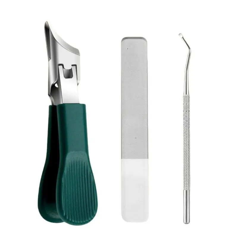 Green Stainless Steel Handle-Equipped Nail Care Tool Set - Beveled Edge Large Jaw Clipper, Ingrown Lifter, Sensitive Smoothing Compact File, Anti-Splash Supplies for Thick Hard Nails, Nail Supplies, Clippers