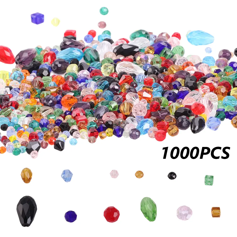 1000 Pcs Bulk Glass Bead Set - Assorted Faceted Crystal (Classic, Colorful) for DIY Jewelry Making, Including Teardrop, Rondelle, Briolette for Necklace, Wristband, Earring Crafts