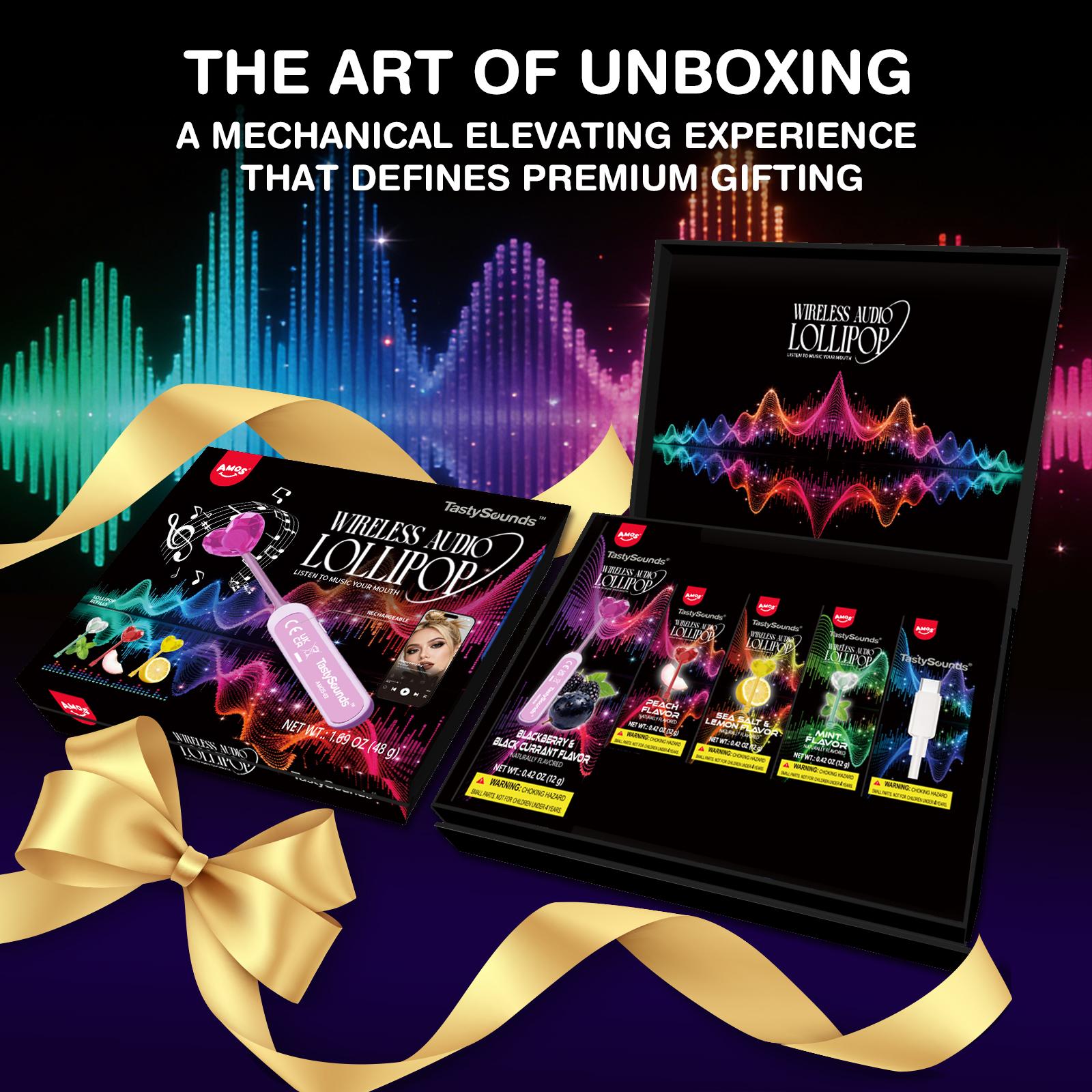AMOS Wireless Audio Lollipop Gift Box – Bone Conduction Music Candy, Multi-Flavor Variety Pack, Rechargeable Singing Lollipop, Unique Tech Sweet for Parties & Gifts Pre-Sale AMOS Wireless Audio Lollipop Gift Box – Bone Conduction Music Candy, Multi-Flavor Variety Pack, Rechargeable Singing Lollipop, Unique Tech Sweet for Parties & Gifts Pre-Sale