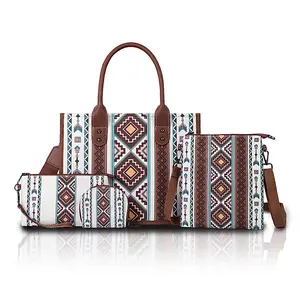 Boho Canvas Tote Bag Set 4Pcs Large Tribal Shoulder Bag with Adjustable Strap Zipper Closure & Wallet Crossbody Purses for Everyday Use