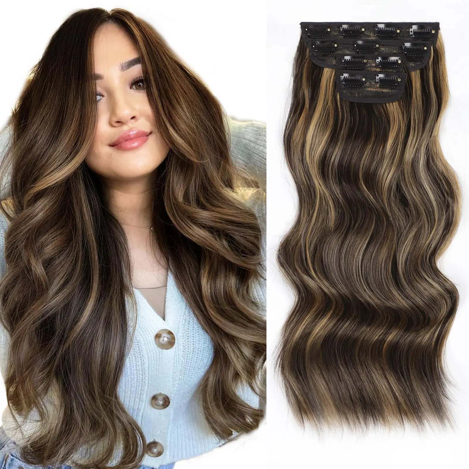 GEEOE Clip in Hair Extensions for Women, Long Wavy Premium Synthetic Hair, Soft Fashion Accessories for Instant Length, Ideal for Daily Use & Parties, Hair Extensions Clip In