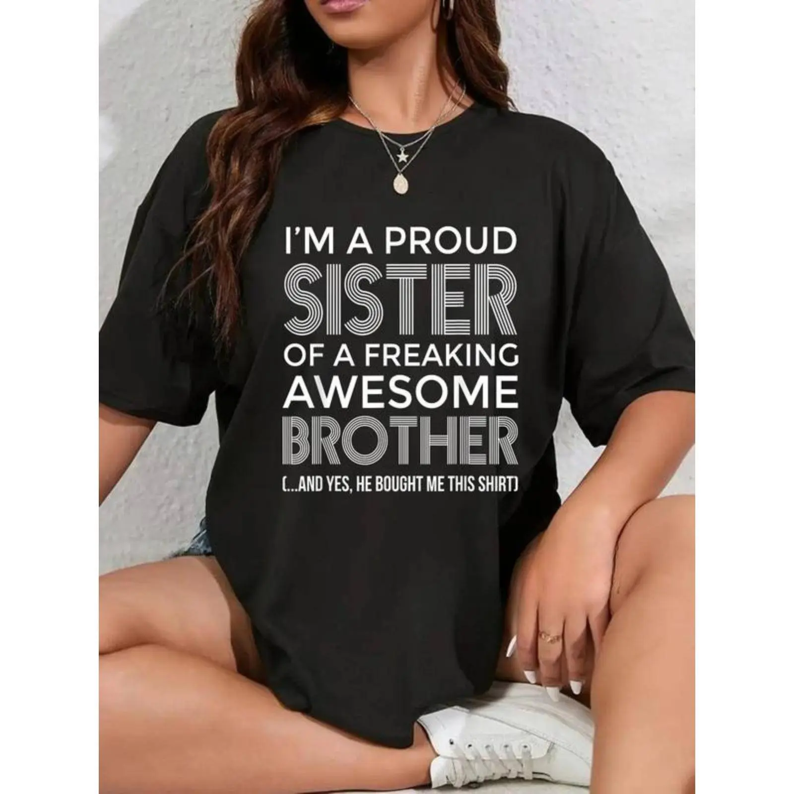 Women's Vintage Fitted Pullover Hoodie - Casual Tops, Polyester-Cotton Fabric, Proud Sister & Awesome Brother Print, Unisex Round Neck Sweatshirt, Women's Clothes, Basic Women's Hoodies