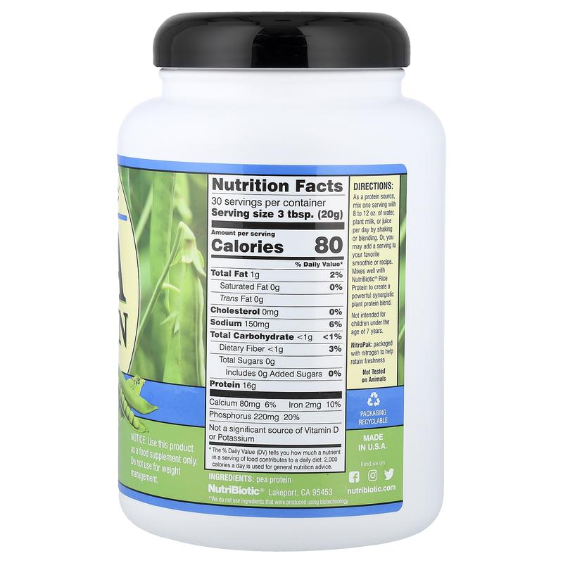 NutriBiotic Pea Protein Powder, Plain, 1 lb 5.16 oz (600 g)