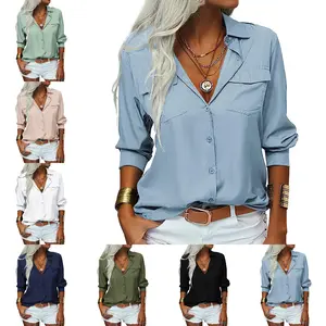 LAICIGO Womens Fashion Solid Color Lapel Long Sleeve Button Down Shirt Casual Basic Office Cozy Elegant Work Blouse