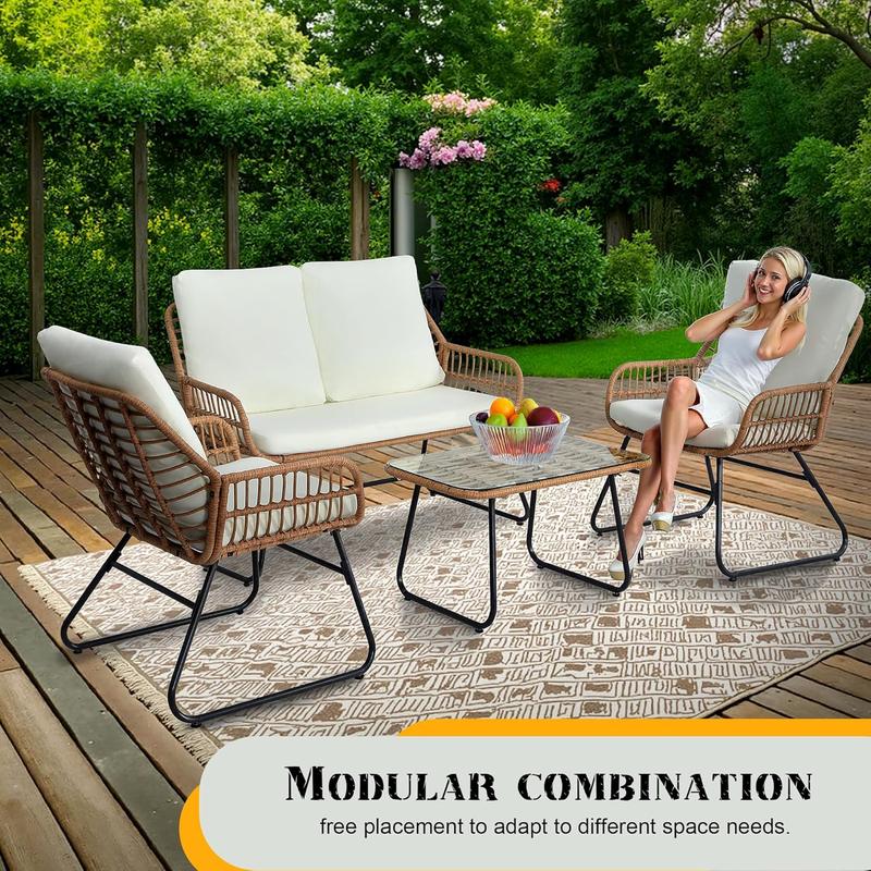 EortheX 4 Pieces Patio Outdoor Cushion Furniture Set,Patio Conversation Set,Rattan Wicker Bistro Sets with Loveseat Cushion Chairs and Modern Glass Coffee Table for Backyard Deck Balcony and Garden Lounge Spaces - Beige EortheX 4 Pieces Patio Outdoor Cushion Furniture Set,Patio Conversation Set,Rattan Wicker Bistro Sets with Loveseat Cushion Chairs and Modern Glass Coffee Table for Backyard Deck Balcony and Garden Lounge Spaces - Beige