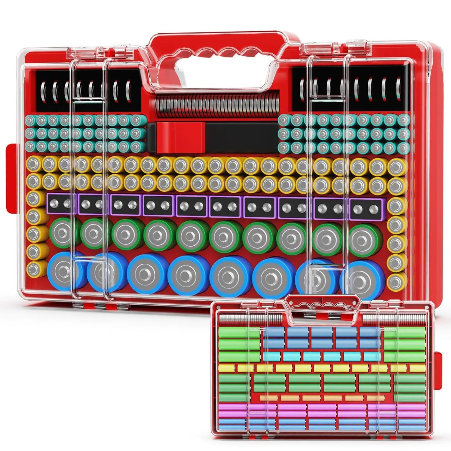 Narotood Red Plastic Waterproof Battery Organizer Storage Box - Ultra-Large Double-Decker Drop-Resistant Mountable Holder (280+ Batteries) with Tester, Secure Insert Slots for AA, AAA, 4A, C, D, 9V, 3V Lithium, 18650, LR44, CR2, CR123, CR1632, Carry Handl