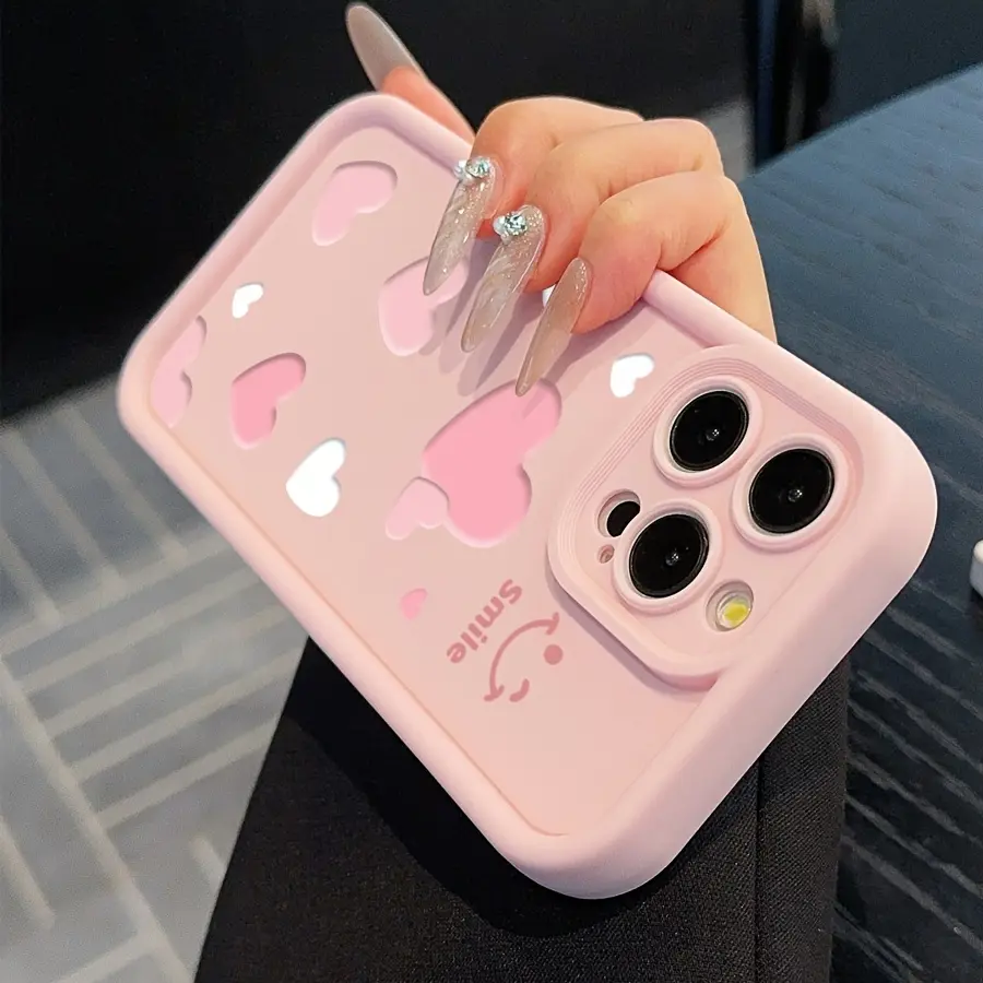 Pink Love Smiley Face Pattern Shockproof Soft Shell Protective Case for iPhone 17 16 15 14 13 12 11 XS X & More Series Mobile Phone Cases Ideal Gift for Friends Lovers or Family - Cellphone